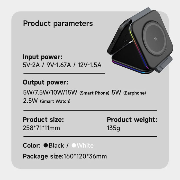 F21 Foldable 3-in-1 Multi-Function 15W Magnetic Wireless Charger with Flashy Atmosphere Light Wireless Charging Station - White - 7