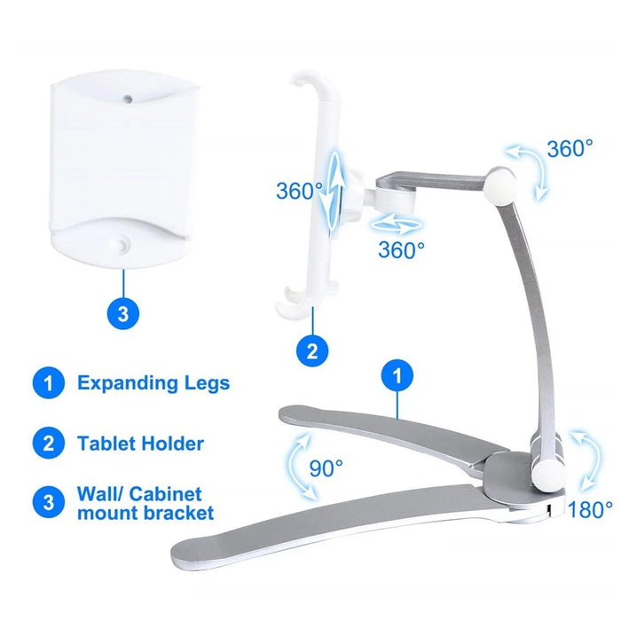 2-in-1 Desktop/Wall Mount Adjustable Tablet Holder Aluminum Kitchen Tablet Stand Bracket for iPad 2018/iPad Pro/iPad Mini - Silver - 4
