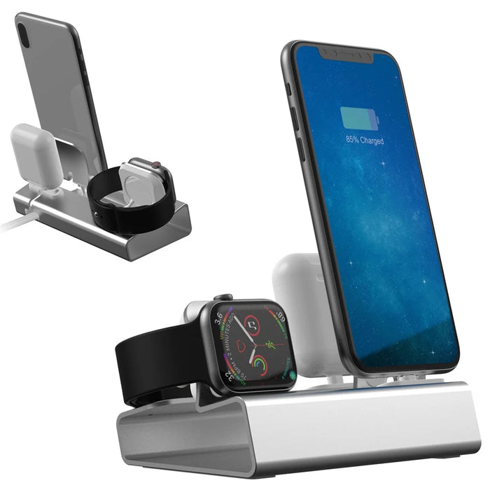 3-in-1 Aluminium Alloy Desktop Holder Charger Dock Charging Stand for Apple Watch + Airpods + Phone - Grey - 1