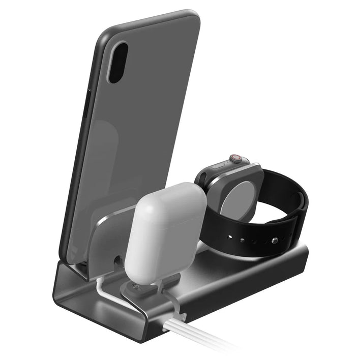 3-in-1 Aluminium Alloy Desktop Holder Charger Dock Charging Stand for Apple Watch + Airpods + Phone - Grey - 2