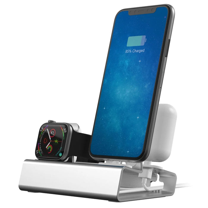 3-in-1 Aluminium Alloy Desktop Holder Charger Dock Charging Stand for Apple Watch + Airpods + Phone - Grey - 3