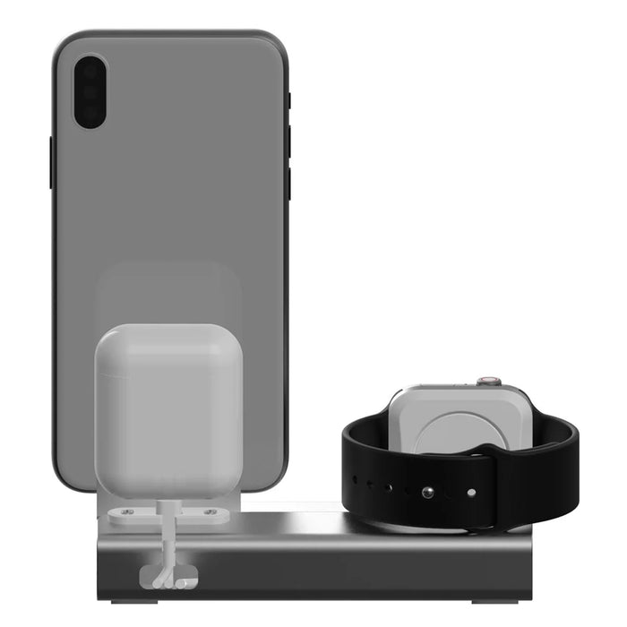 3-in-1 Aluminium Alloy Desktop Holder Charger Dock Charging Stand for Apple Watch + Airpods + Phone - Grey - 6