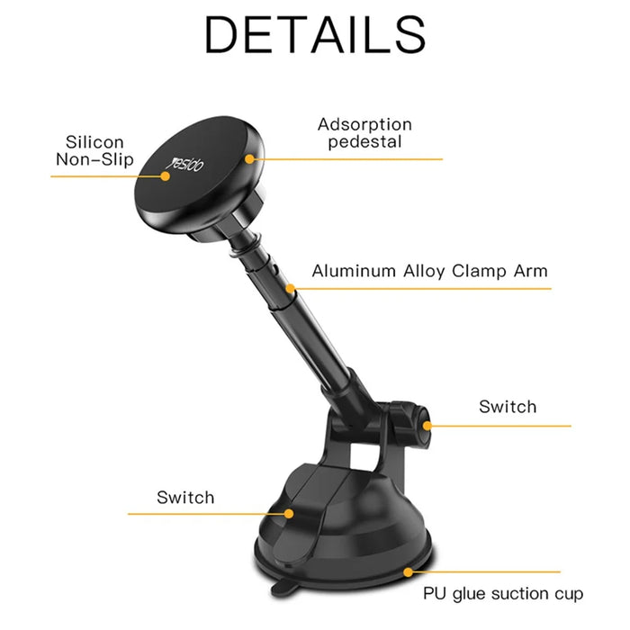 YESIDO C41 Universal Dashboard Suction Cup Magnetic Car Phone Holder Mount for 4-7 inches - Black - 4