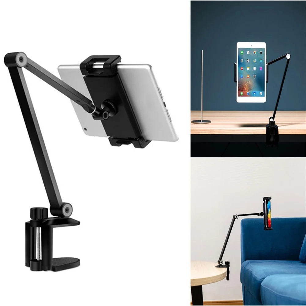 Long Arm Rotating Aluminum Alloy Stand Height/Angle Adjustable Bracket for 4.7-12.9 inch Mobile Phones and Tablets - Black - 1