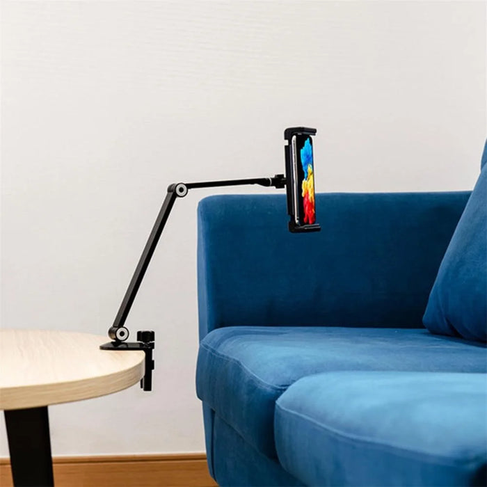 Long Arm Rotating Aluminum Alloy Stand Height/Angle Adjustable Bracket for 4.7-12.9 inch Mobile Phones and Tablets - Black - 4
