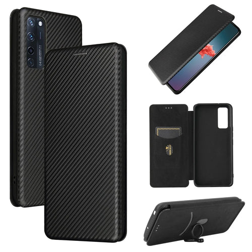 Auto-absorbed Stand Cover for ZTE Axon 20 5G (ZTE A20 5G) Carbon Fiber Texture Leather Case - Black - 1