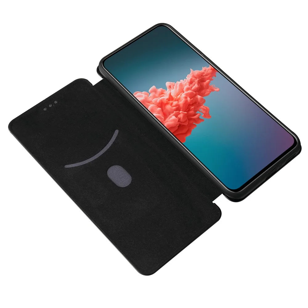 Auto-absorbed Stand Cover for ZTE Axon 20 5G (ZTE A20 5G) Carbon Fiber Texture Leather Case - Black - 6