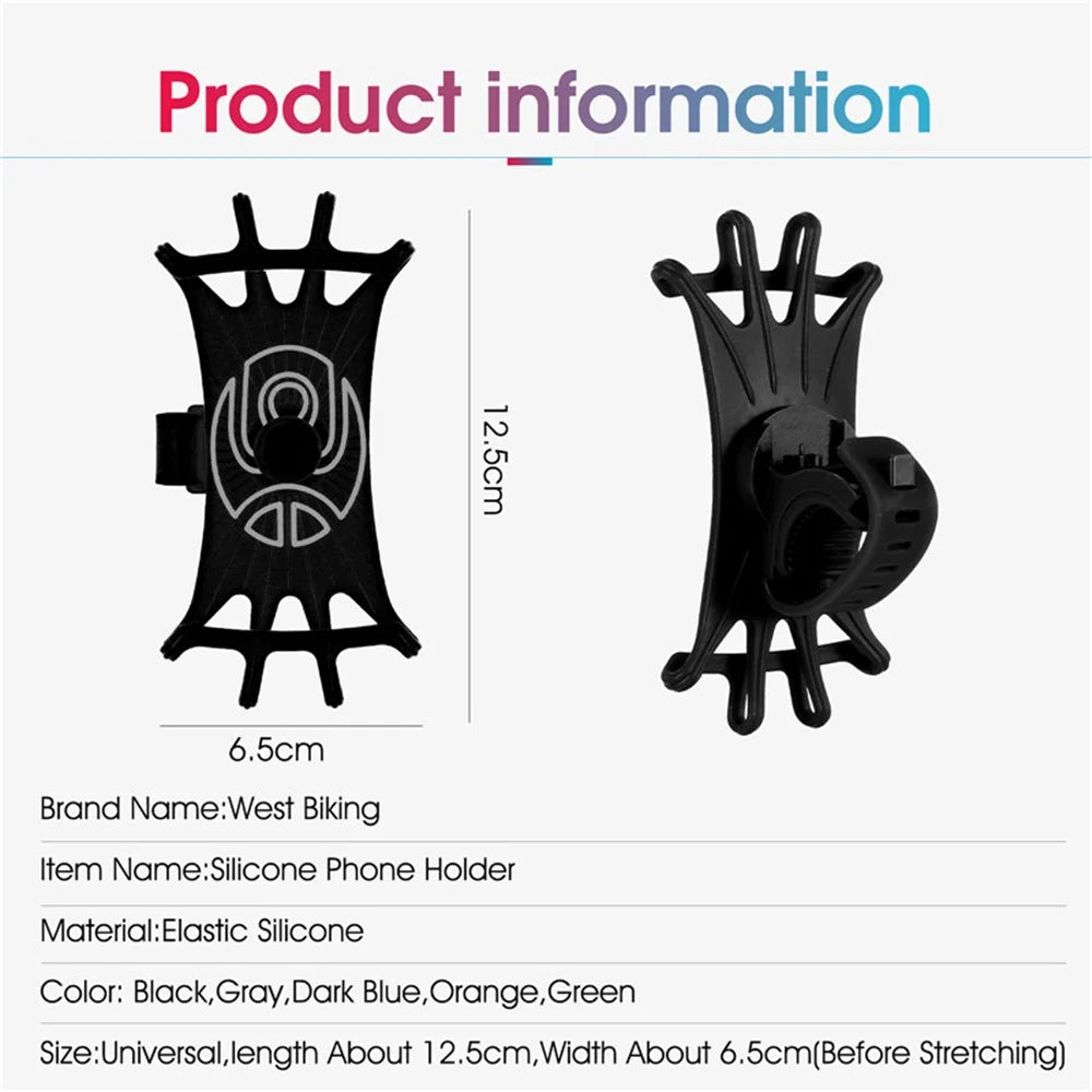 WEST BIKING Silicone Bicycle Phone Holder Motorcycle Mobile Phone Stand Mount for iPhone Samsung - Black - 7
