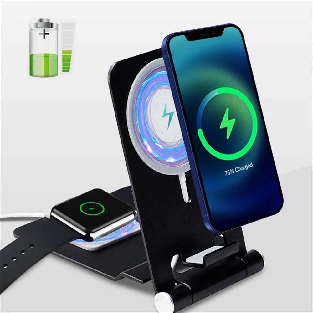 2-in-1 Wireless Charger Holder Phone Watch Charging Desktop Stand for Apple Watch iPhone Magsafe - Black - 1