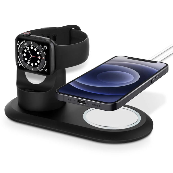 Silicone Charge Stand Holder Wireless Charging Station Dock for Apple Watch / iPhone 12 Series - Black - 2