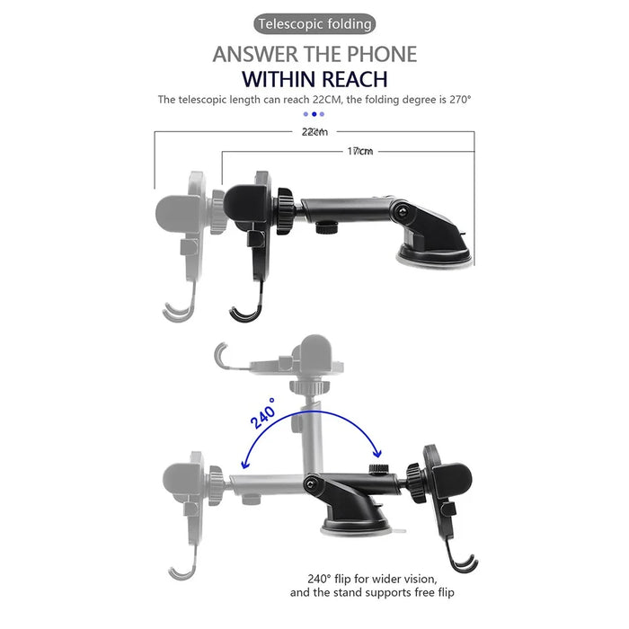 Car Windshield Dashboard Suction Cup Mount Telescopic Gravity Auto Clamp Phone Holder Stand - Black - 6