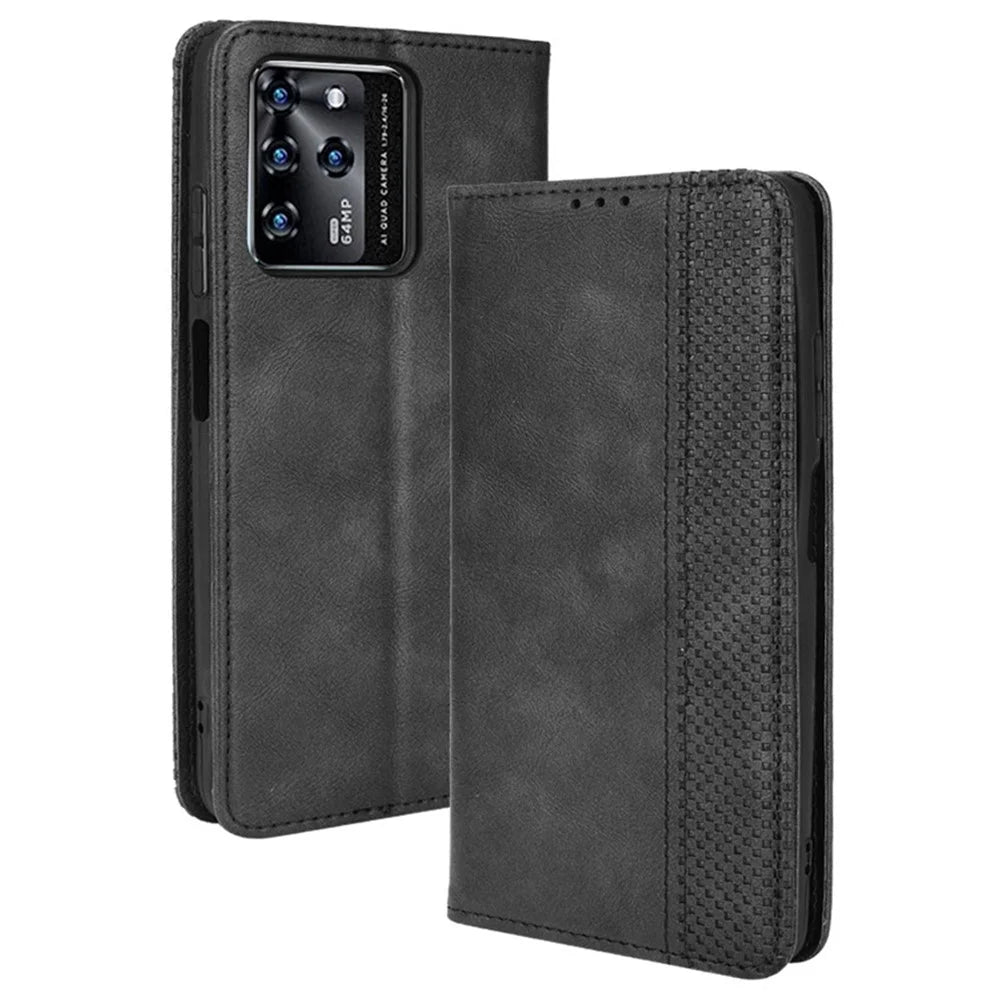 Scratch-resistant Flip Phone Shell Retro Textured Phone Leather Case Wallet Stand Cover for ZTE Blade V30 - Black - 1