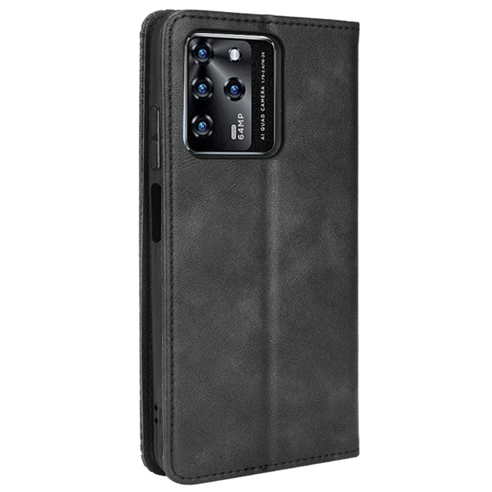 Scratch-resistant Flip Phone Shell Retro Textured Phone Leather Case Wallet Stand Cover for ZTE Blade V30 - Black - 3