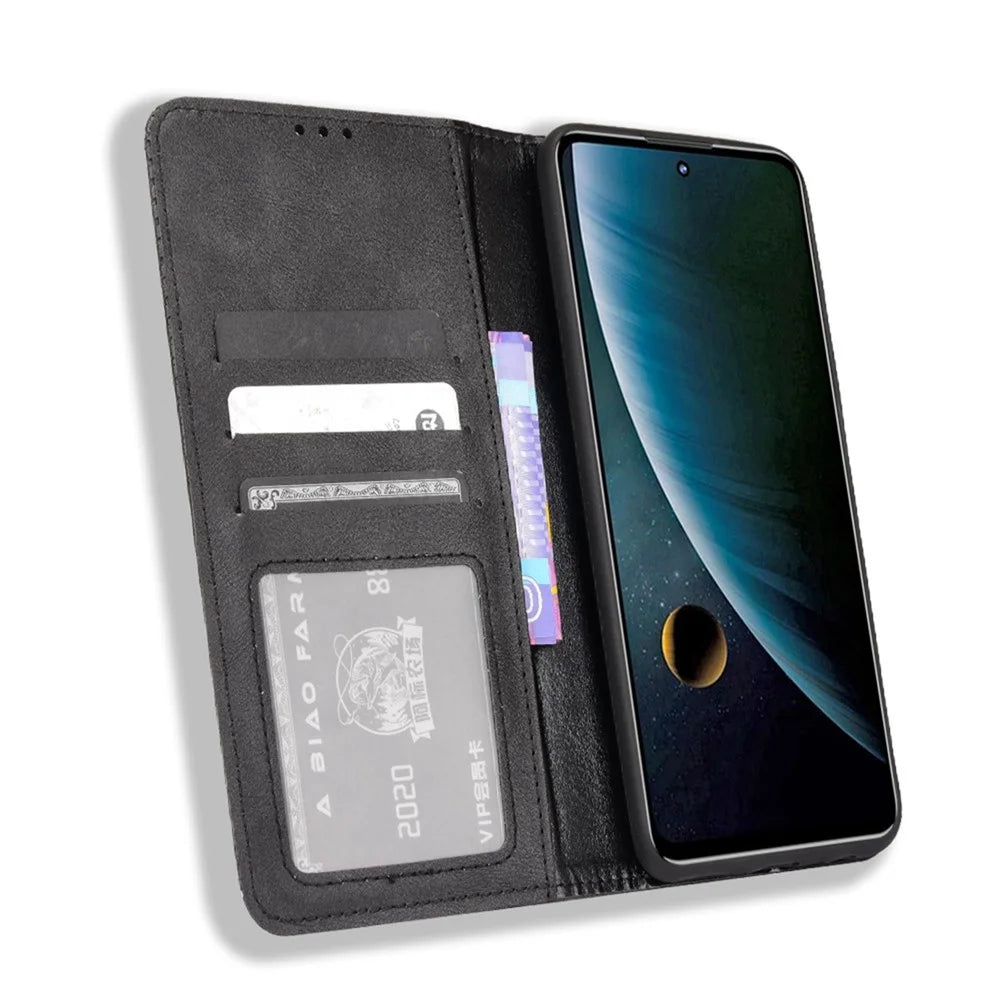 Scratch-resistant Flip Phone Shell Retro Textured Phone Leather Case Wallet Stand Cover for ZTE Blade V30 - Black - 4