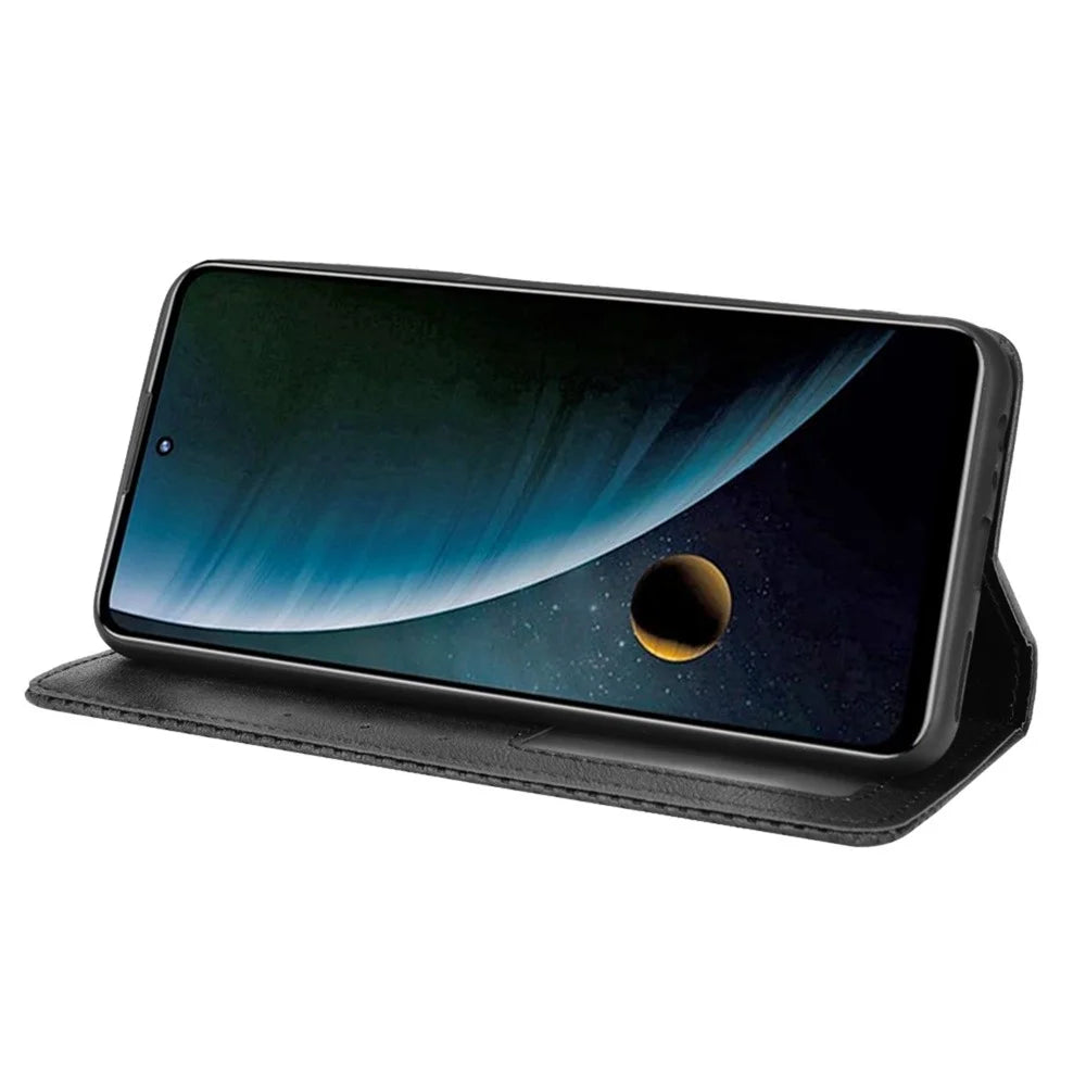 Scratch-resistant Flip Phone Shell Retro Textured Phone Leather Case Wallet Stand Cover for ZTE Blade V30 - Black - 5