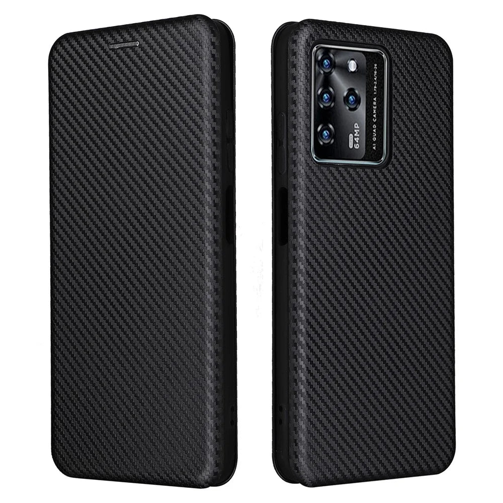 For ZTE Blade V30 Carbon Fiber Texture Anti-fingerprint Auto-absorbed Magnetic Closure Leather Stand Phone Case Shell - Black - 1