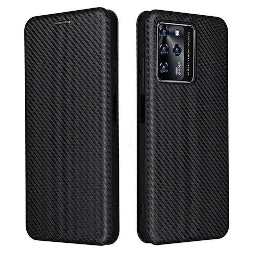 For ZTE Blade V30 Carbon Fiber Texture Anti-fingerprint Auto-absorbed Magnetic Closure Leather Stand Phone Case Shell - Black - 1