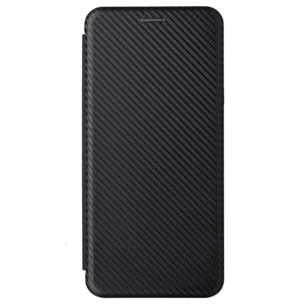 For ZTE Blade V30 Carbon Fiber Texture Anti-fingerprint Auto-absorbed Magnetic Closure Leather Stand Phone Case Shell - Black - 2