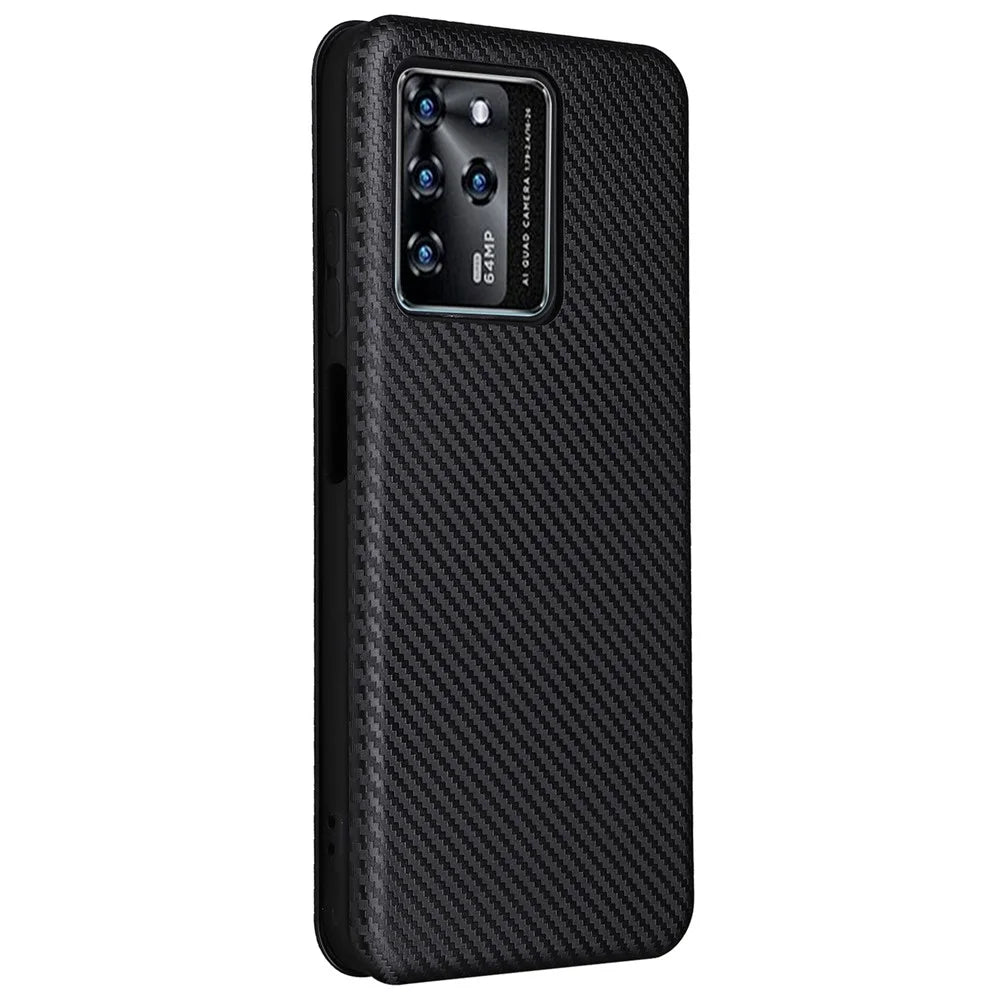 For ZTE Blade V30 Carbon Fiber Texture Anti-fingerprint Auto-absorbed Magnetic Closure Leather Stand Phone Case Shell - Black - 3