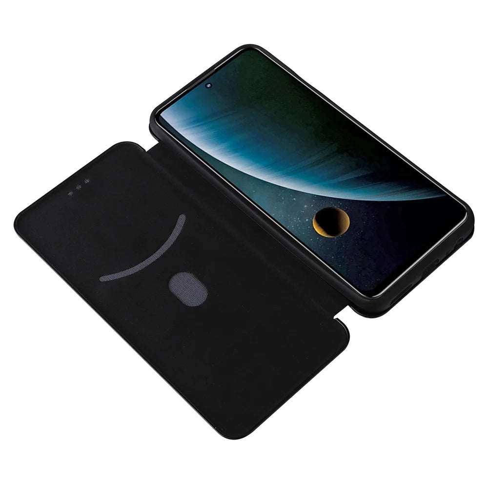 For ZTE Blade V30 Carbon Fiber Texture Anti-fingerprint Auto-absorbed Magnetic Closure Leather Stand Phone Case Shell - Black - 6