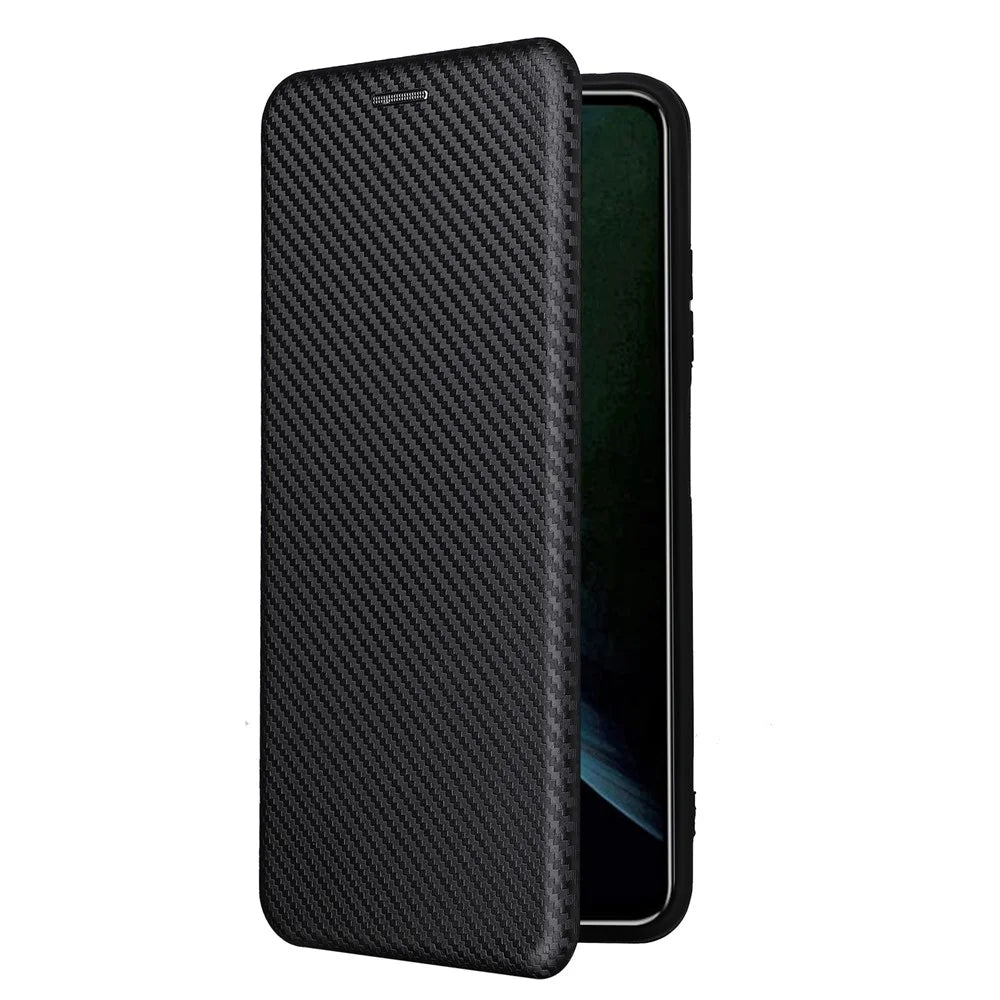 For ZTE Blade V30 Carbon Fiber Texture Anti-fingerprint Auto-absorbed Magnetic Closure Leather Stand Phone Case Shell - Black - 7