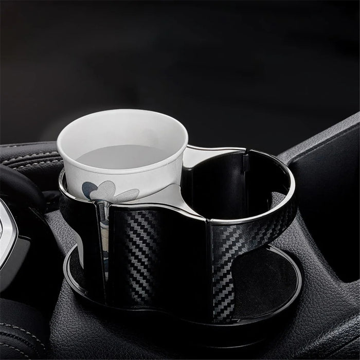 SB-1077 Car Vehicle Dual Cup Holder Water Bottle Drink Rack - Carbon Fiber Black/Silver Edge - 2