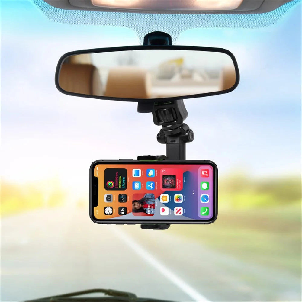 Car Rotating Rearview Mirror Mount Phone Holder Clip Adjustable GPS Navigation Bracket - 2