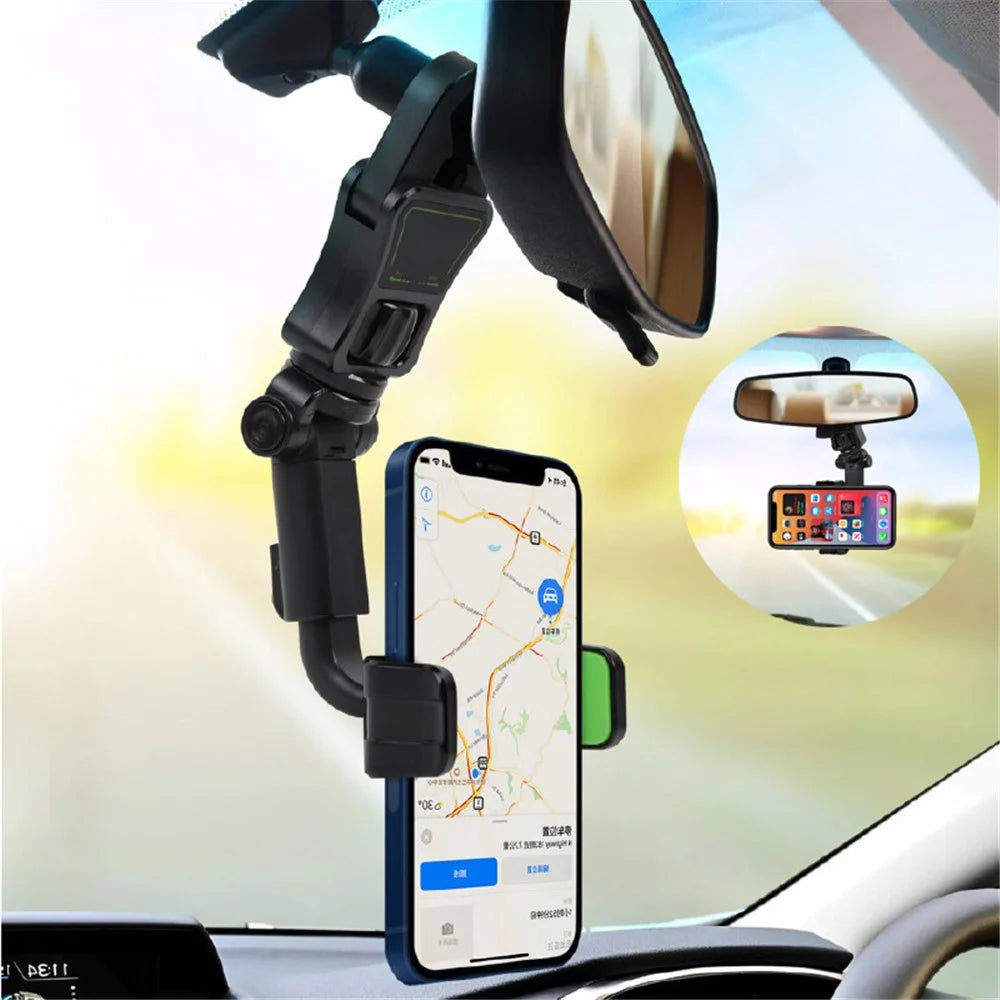Car Rotating Rearview Mirror Mount Phone Holder Clip Adjustable GPS Navigation Bracket - 7