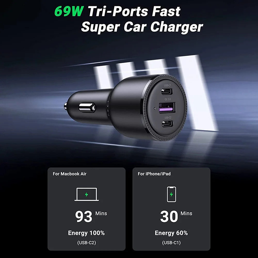 UGREEN For iPhone 13 Pro Max iPad Pro 69W QC3.0 Quick Charger USB + 2x Type-C 3-port Car Cigarette Lighter Adapter - 4