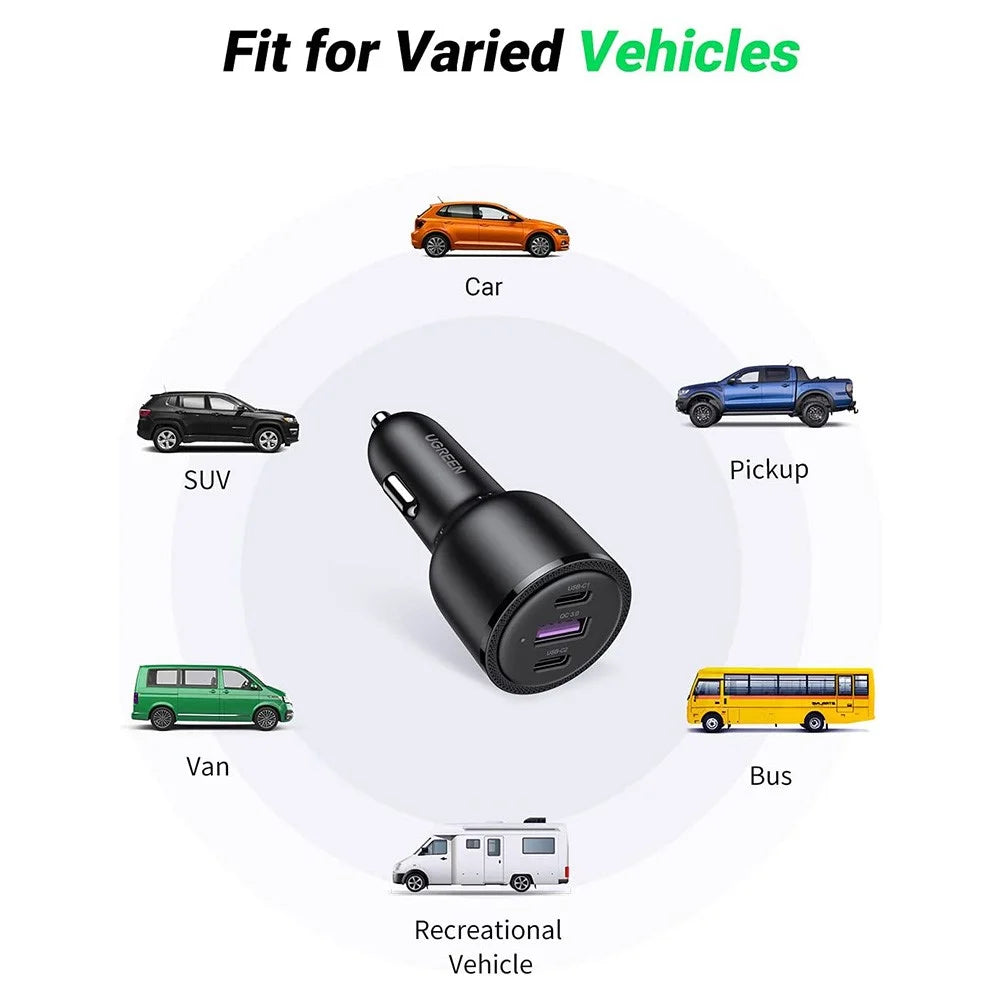 UGREEN For iPhone 13 Pro Max iPad Pro 69W QC3.0 Quick Charger USB + 2x Type-C 3-port Car Cigarette Lighter Adapter - 7