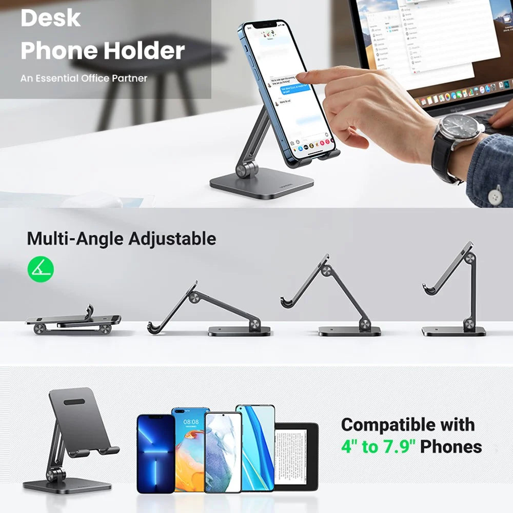 UGREEN 40392 Aluminum Foldable Desk Phone Stand Non-Slip Adjustable Tablet Holder for iPhone 13 Pro Max/Galaxy S21 S20/Huawei P30 Pro/P20/Redmi Note10 - 2