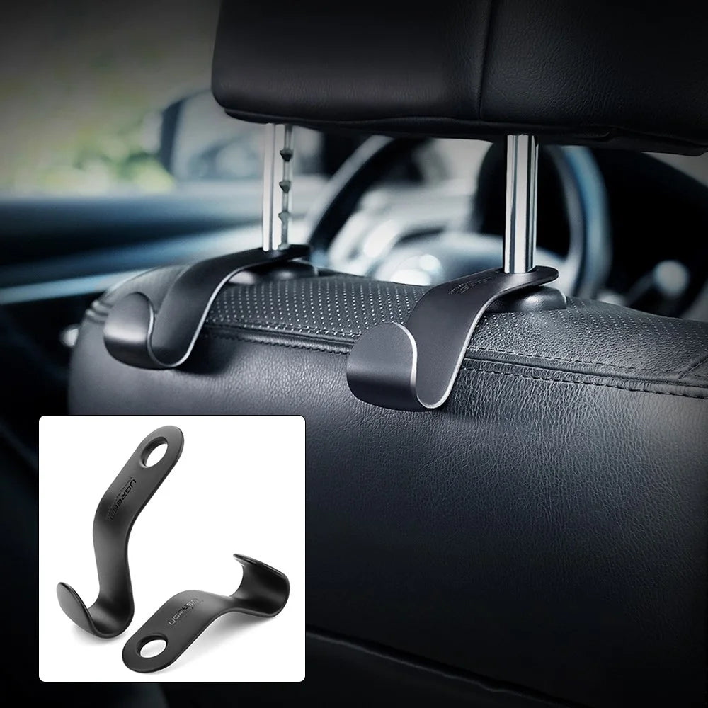 UGREEN 2Pcs Car Seat Headrest Hooks Universal Back Seat Organizer Hanger Storage Hook for Handbag Purse Grocery Bag - 1