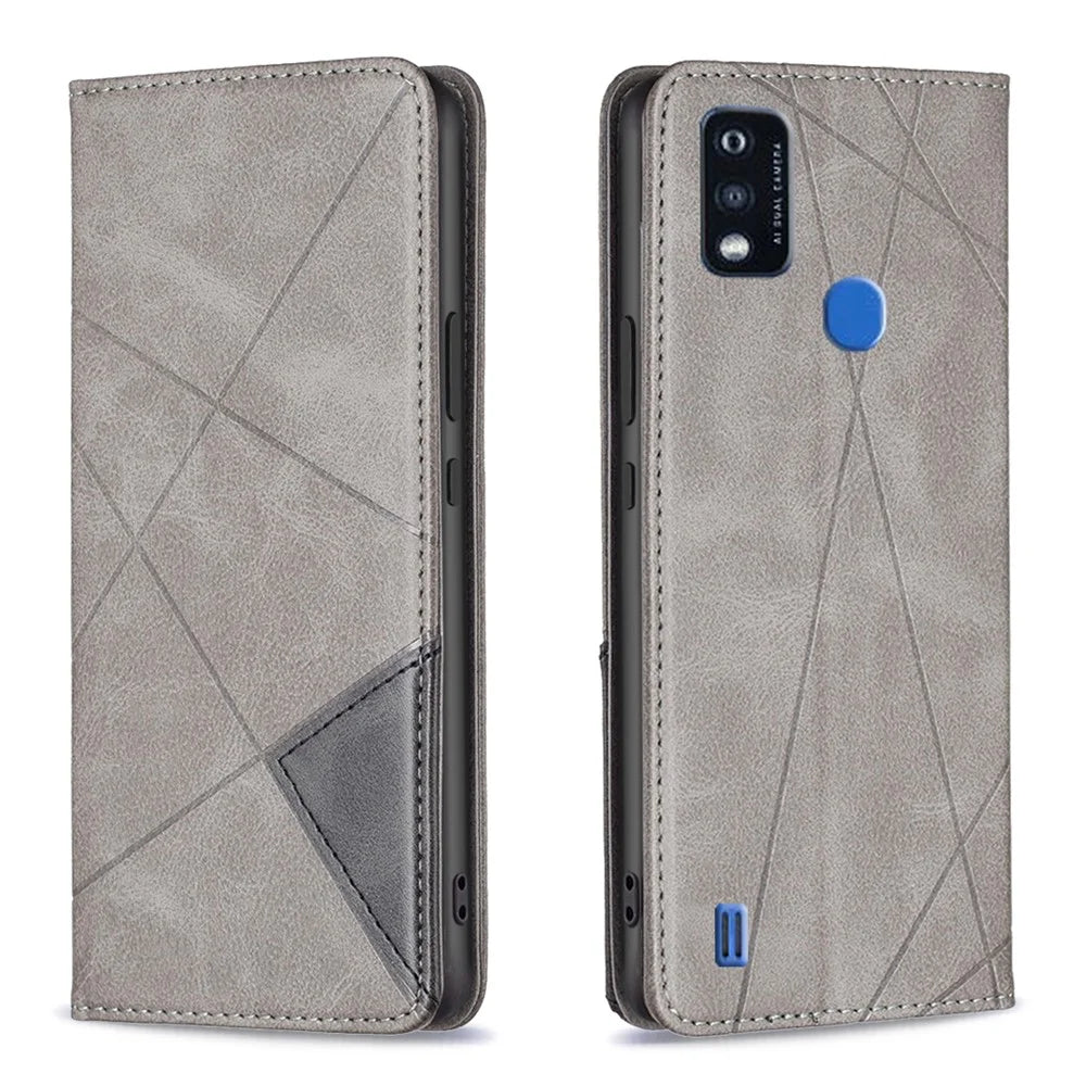 For ZTE Blade A51 Imprinting Pattern Splicing Design Cover with Card Slots Leather Viewing Stand Cell Phone Shell - Grey - 1