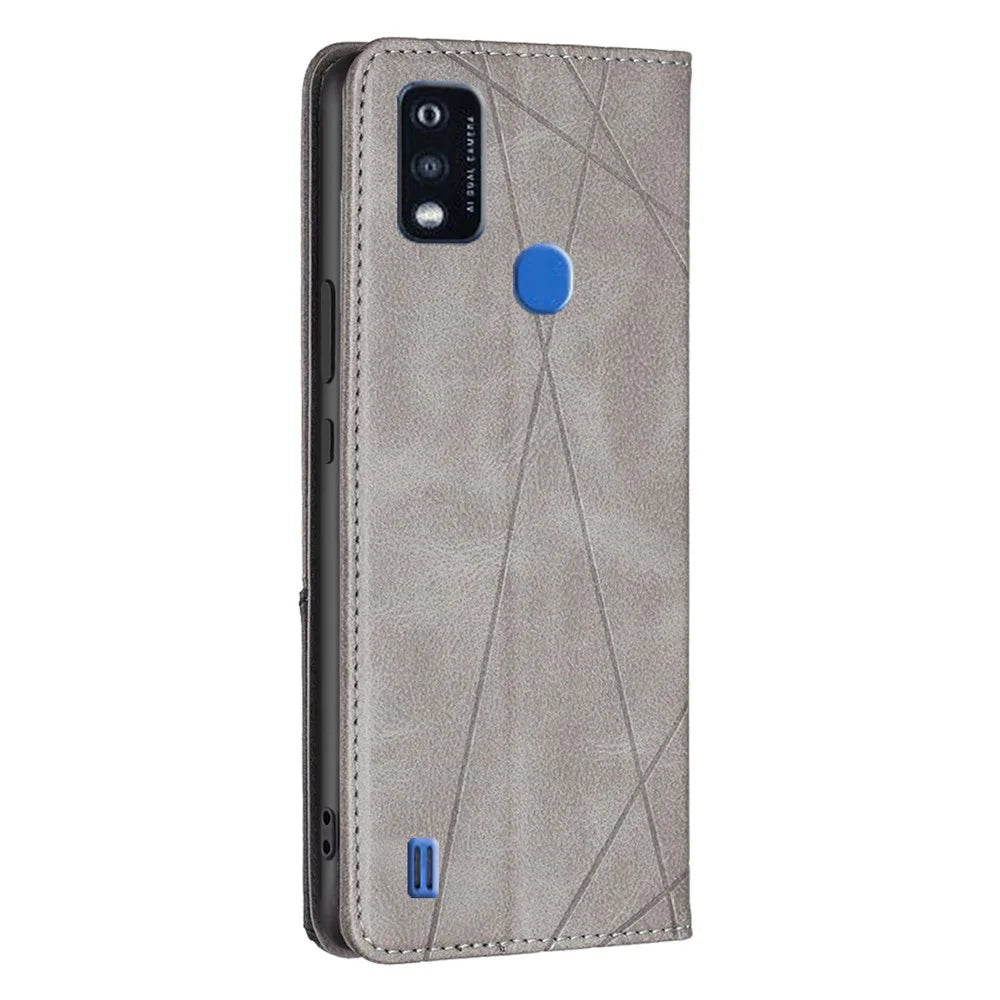 For ZTE Blade A51 Imprinting Pattern Splicing Design Cover with Card Slots Leather Viewing Stand Cell Phone Shell - Grey - 3