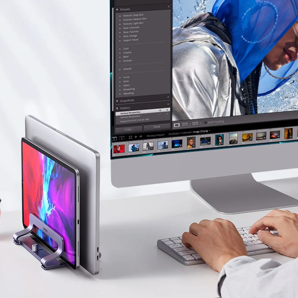 UGREEN 60643 Vertical Desktop Laptop Stand Dual Slot Aluminum Tablet Holder for MacBook Air Pro PC Anti-scratch Adjustable Notebook Rack with Silicone Pads - 2