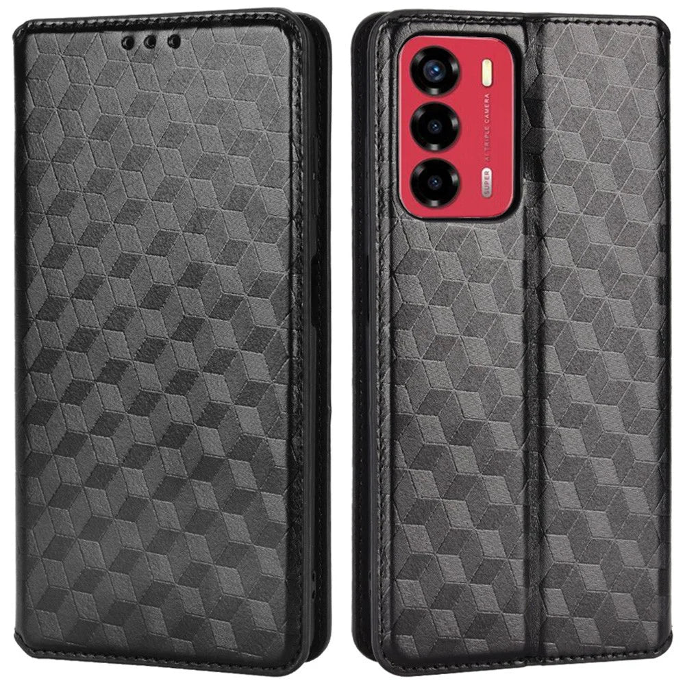 For ZTE Blade A72/Blade V40 Vita Rhombus Imprinted Phone Case Magnetic Auto Closing PU Leather Wallet Stand Shell - Black - 1
