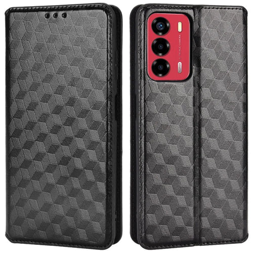 For ZTE Blade A72/Blade V40 Vita Rhombus Imprinted Phone Case Magnetic Auto Closing PU Leather Wallet Stand Shell - Black - 1