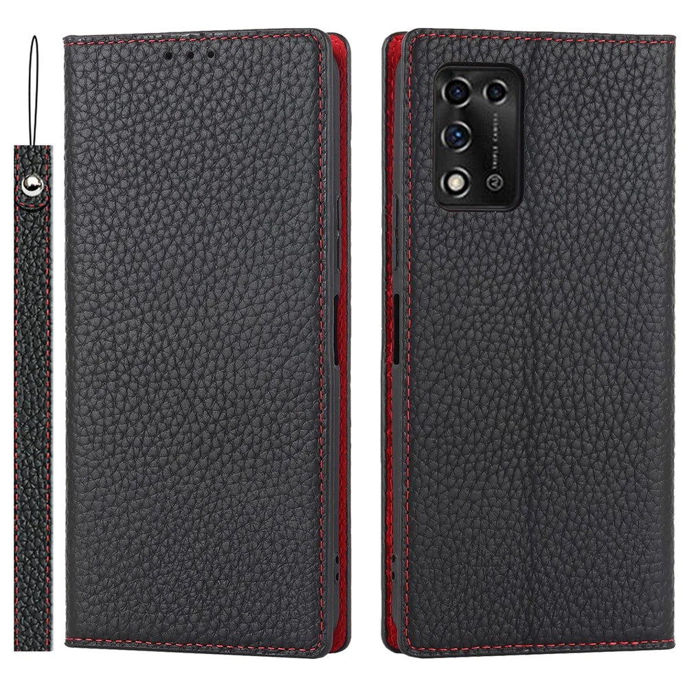Litchi Texture Genuine Leather Case for ZTE Libero 5G II, Wallet Stand Protective Phone Cover with Hand Strap - Black - 1