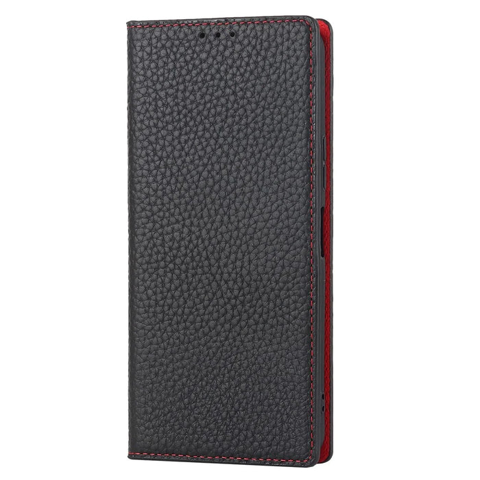 Litchi Texture Genuine Leather Case for ZTE Libero 5G II, Wallet Stand Protective Phone Cover with Hand Strap - Black - 2