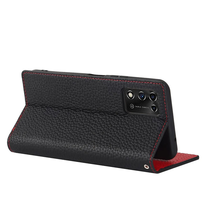 Litchi Texture Genuine Leather Case for ZTE Libero 5G II, Wallet Stand Protective Phone Cover with Hand Strap - Black - 6