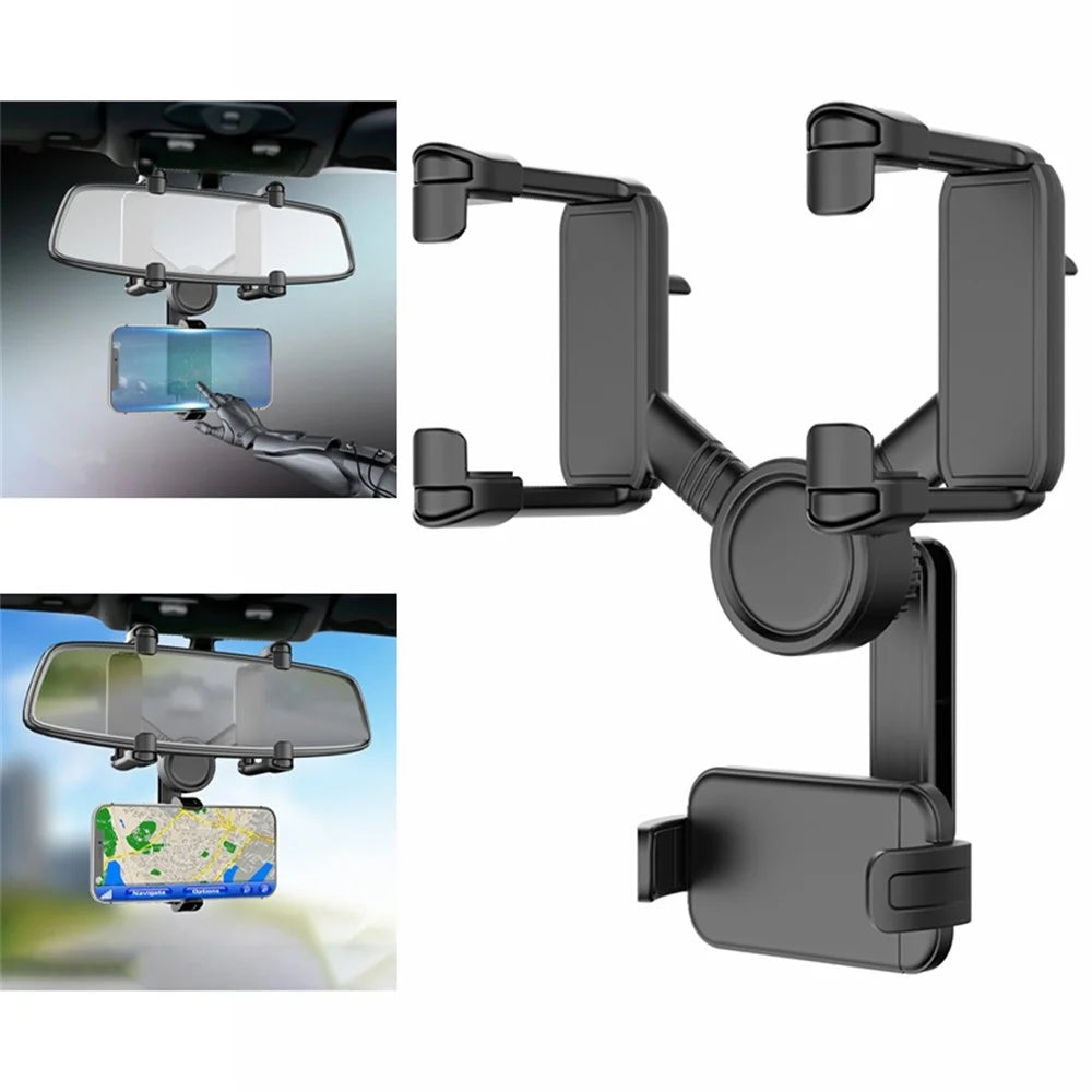 JY-055 Car Rearview Mirror Mobile Phone Stand Navigation Bracket Adjustable Rotation Mobile Phone Holder Mount - Black - 1