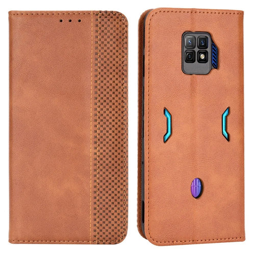 For ZTE nubia Red Magic 7 Pro Mosaic Imprinted Auto Closing Magnetic Phone Case Retro Texture PU Leather+TPU Wallet Stand Cover - Brown - 1