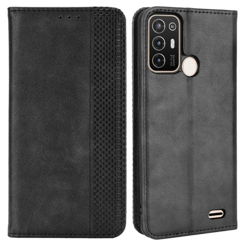 For ZTE Blade A52 Retro Texture Magnetic Auto-absorbed Phone Case PU Leather Wallet Stand Cover - Black - 1