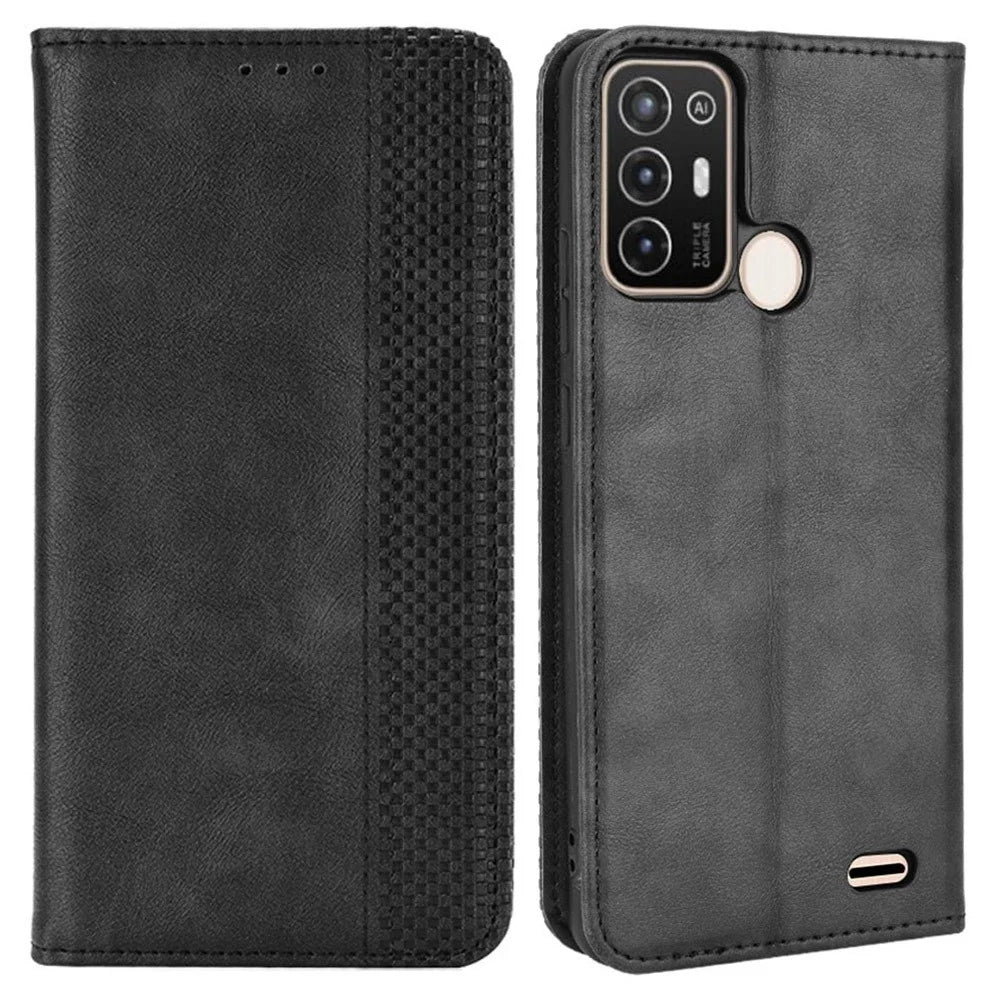 For ZTE Blade A52 Retro Texture Magnetic Auto-absorbed Phone Case PU Leather Wallet Stand Cover - Black - 1