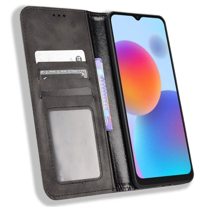 For ZTE Blade A52 Retro Texture Magnetic Auto-absorbed Phone Case PU Leather Wallet Stand Cover - Black - 2