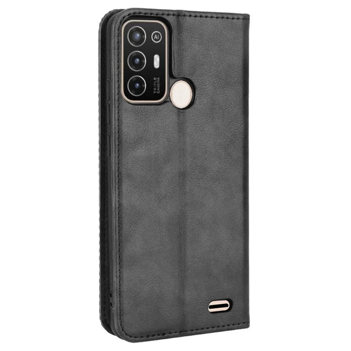 For ZTE Blade A52 Retro Texture Magnetic Auto-absorbed Phone Case PU Leather Wallet Stand Cover - Black - 6