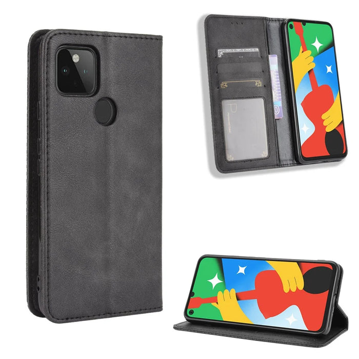 Vintage Style Wallet Stand Leather Phone Cover for Google Pixel 4a 5G - Black - 1