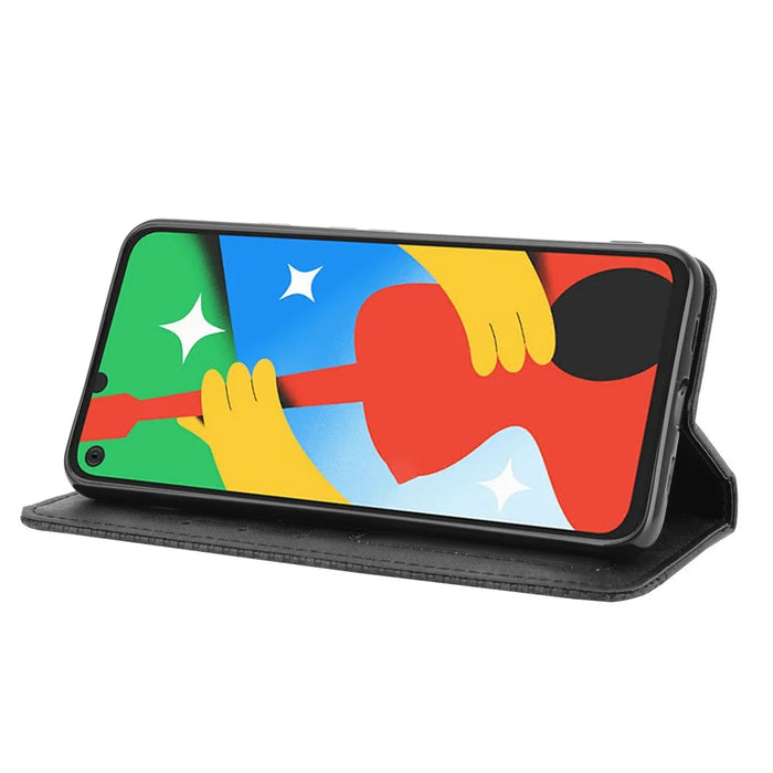Vintage Style Wallet Stand Leather Phone Cover for Google Pixel 4a 5G - Black - 6