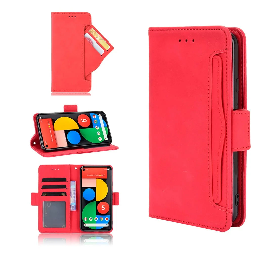 Protective Leather Case with Multiple Card Slots Phone Cover for Google Pixel 5 - Red - 1