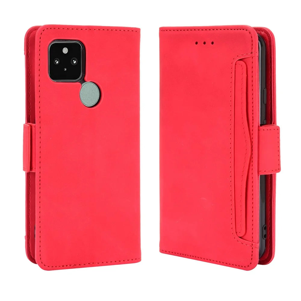 Protective Leather Case with Multiple Card Slots Phone Cover for Google Pixel 5 - Red - 2